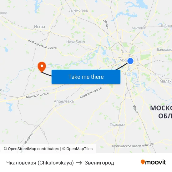 Чкаловская (Chkalovskaya) to Звенигород map