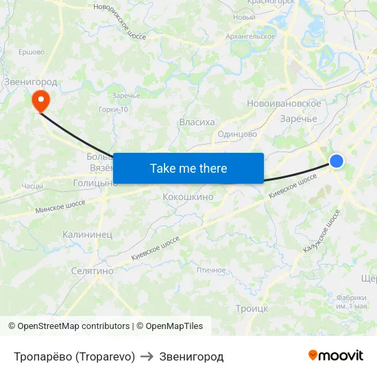 Тропарёво (Troparevo) to Звенигород map