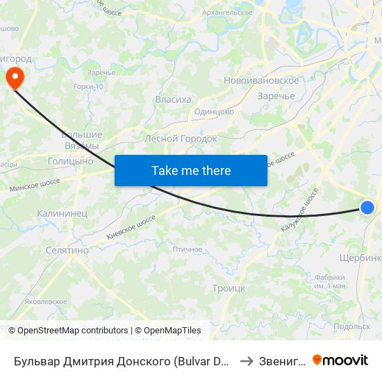 Бульвар Дмитрия Донского (Bulvar Dmitriya Donskogo) to Звенигород map