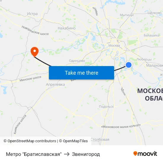Метро "Братиславская" to Звенигород map