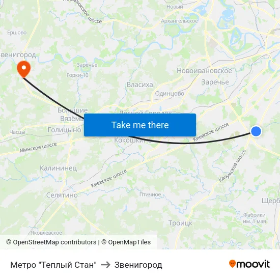 Метро "Теплый Стан" to Звенигород map