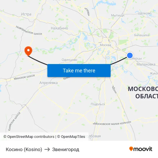 Косино (Kosino) to Звенигород map