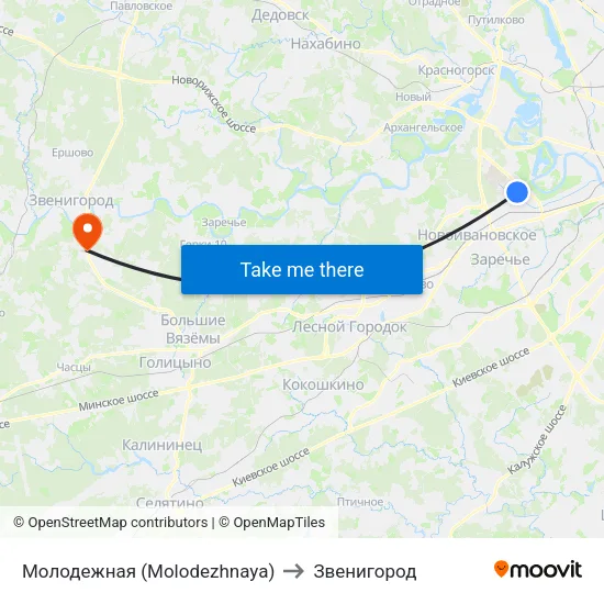 Молодежная (Molodezhnaya) to Звенигород map