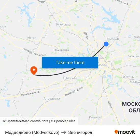 Медведково (Medvedkovo) to Звенигород map