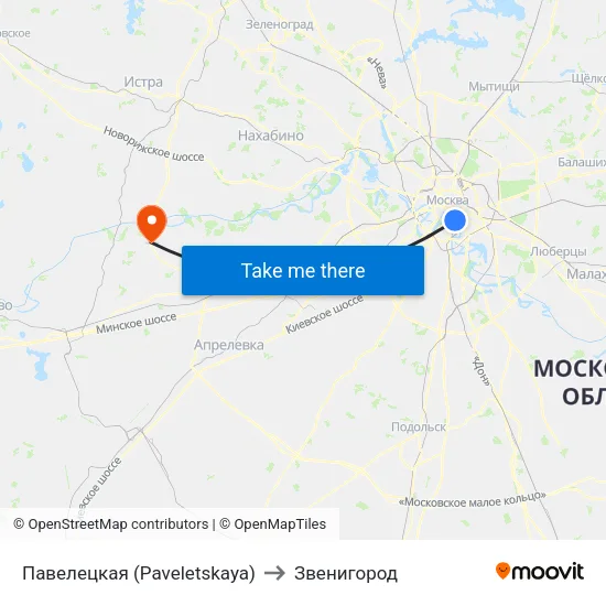 Павелецкая (Paveletskaya) to Звенигород map