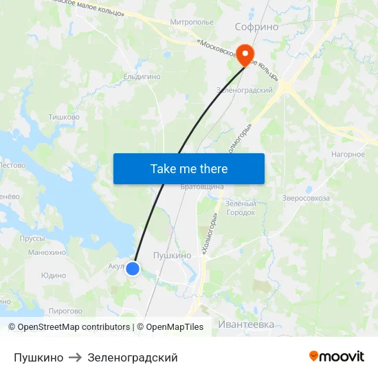 Пушкино to Зеленоградский map