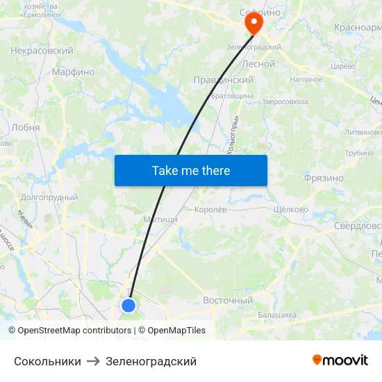 Сокольники to Зеленоградский map