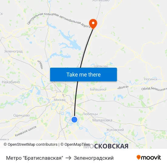Метро "Братиславская" to Зеленоградский map