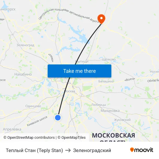 Теплый Стан (Teply Stan) to Зеленоградский map