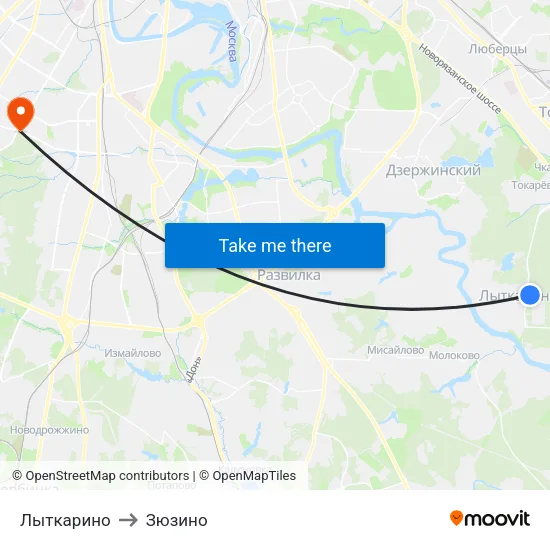 Лыткарино to Зюзино map