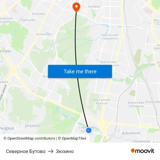 Северное Бутово to Зюзино map