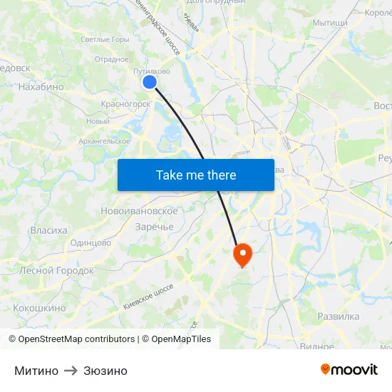 Митино to Зюзино map