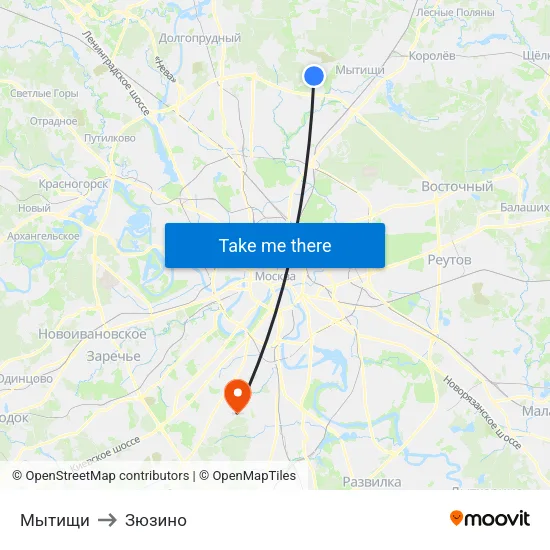 Мытищи to Зюзино map