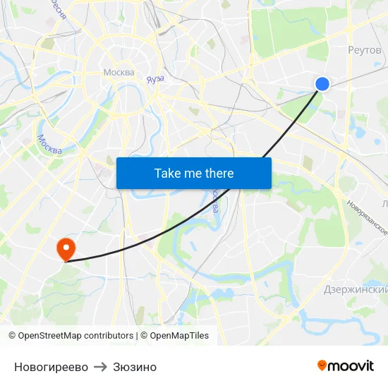 Новогиреево to Зюзино map
