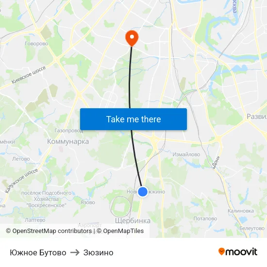 Южное Бутово to Зюзино map