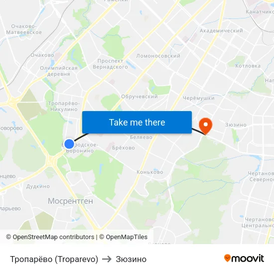 Тропарёво (Troparevo) to Зюзино map