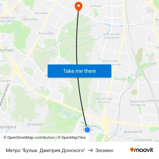 Метро "Бульв. Дмитрия Донского" to Зюзино map
