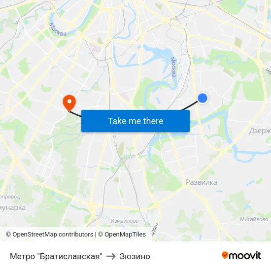 Метро "Братиславская" to Зюзино map
