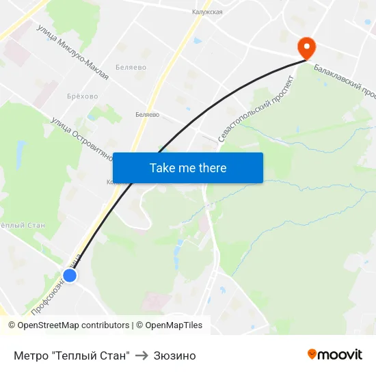 Метро "Теплый Стан" to Зюзино map