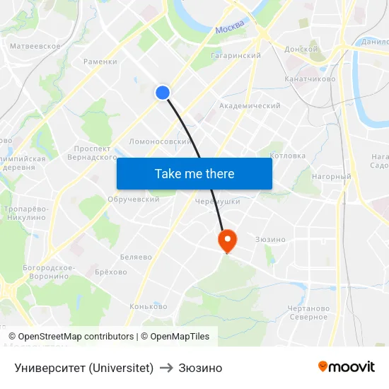 Университет (Universitet) to Зюзино map