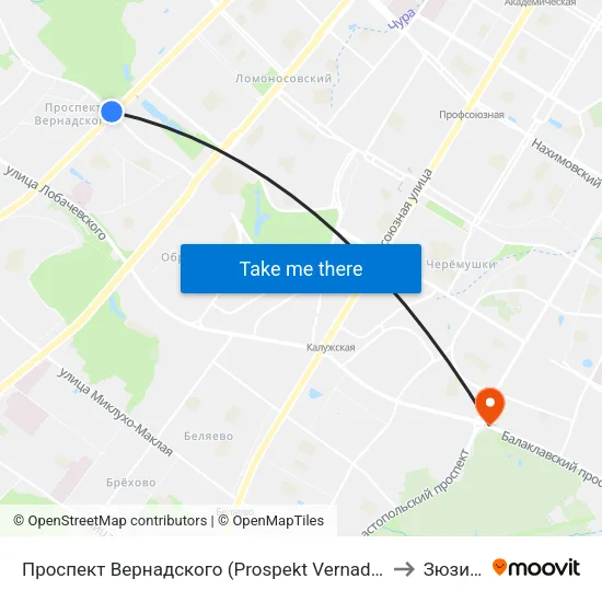Проспект Вернадского (Prospekt Vernadskogo) to Зюзино map