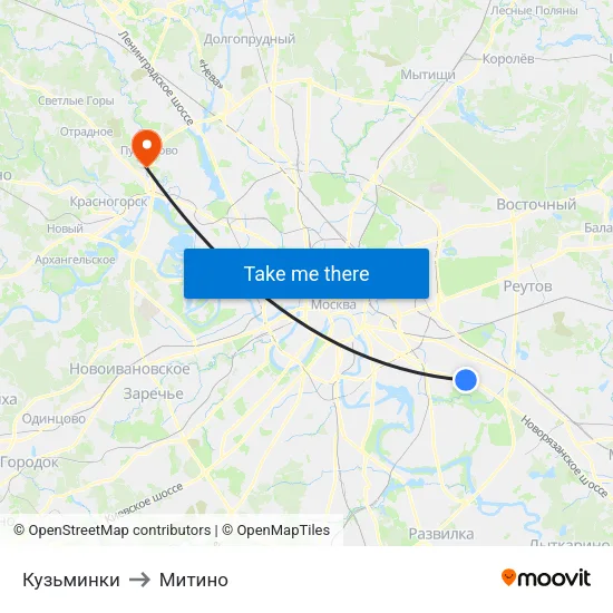Кузьминки to Митино map