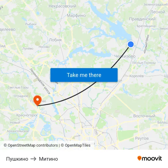 Пушкино to Митино map