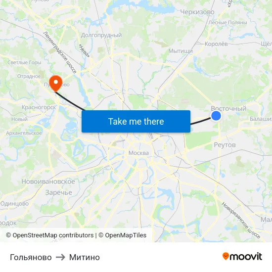 Гольяново to Митино map
