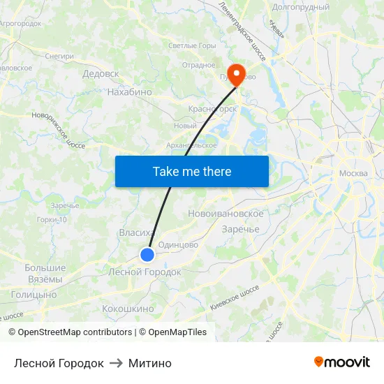Лесной Городок to Митино map