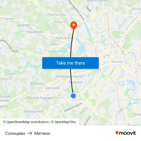 Солнцево to Митино map