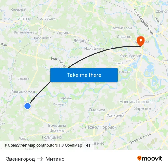 Звенигород to Митино map