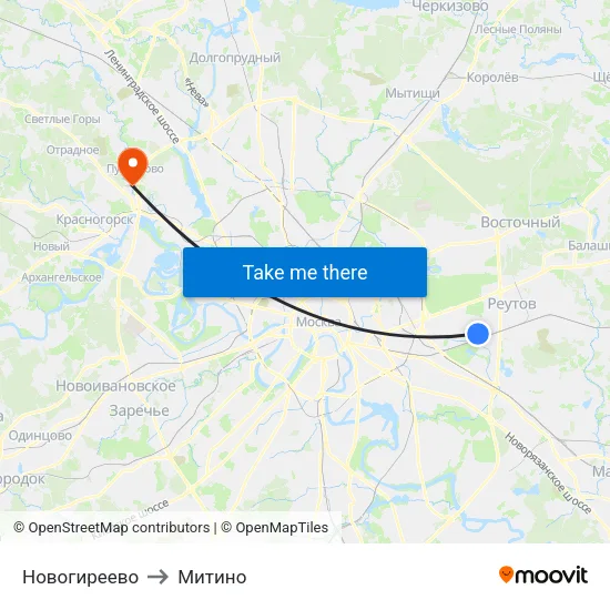 Новогиреево to Митино map