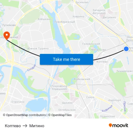 Коптево to Митино map