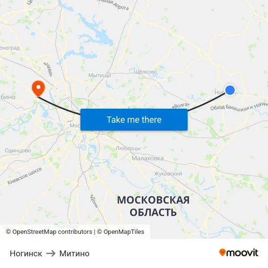 Ногинск to Митино map