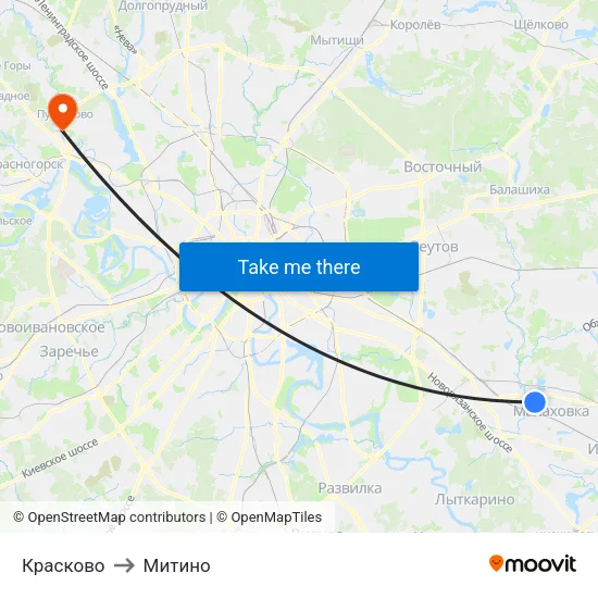 Красково to Митино map