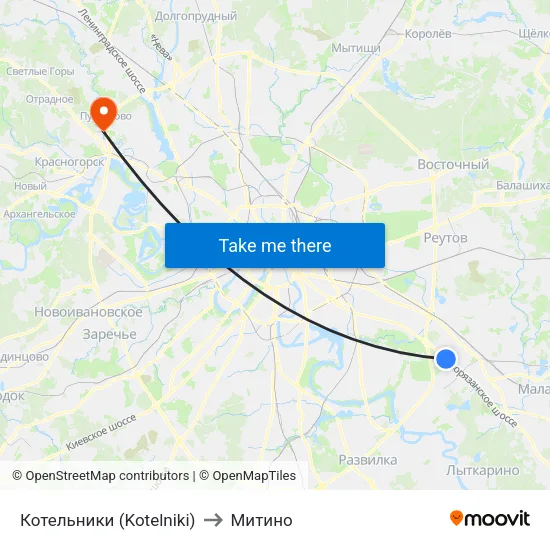 Котельники (Kotelniki) to Митино map