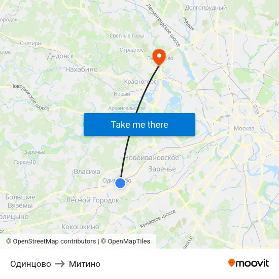 Одинцово to Митино map