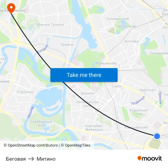 Беговая to Митино map
