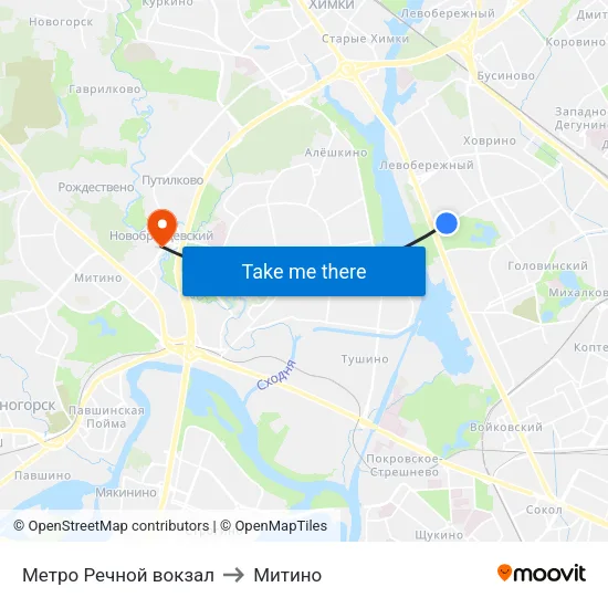Метро Речной вокзал to Митино map