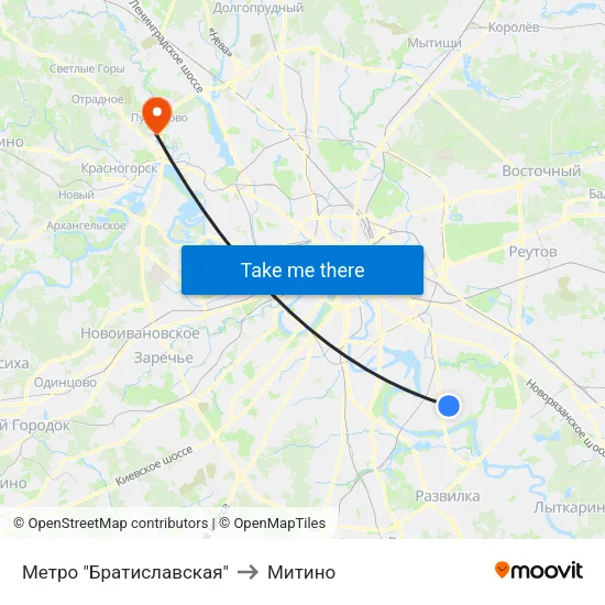 Метро "Братиславская" to Митино map