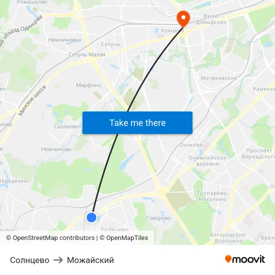 Солнцево to Можайский map