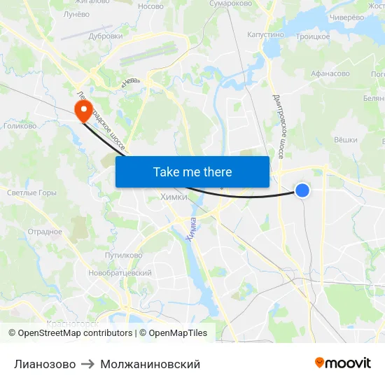 Лианозово to Молжаниновский map