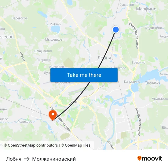Лобня to Молжаниновский map