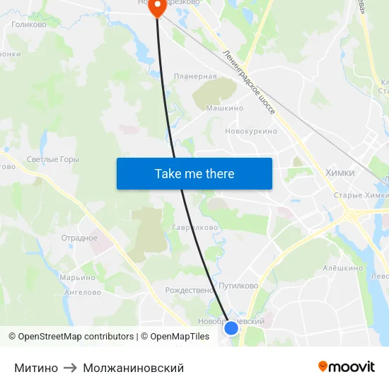 Митино to Молжаниновский map