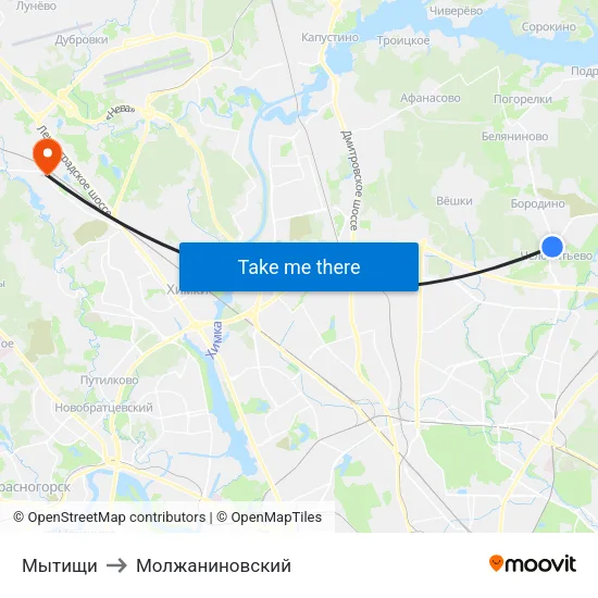 Мытищи to Молжаниновский map