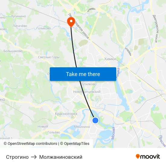 Строгино to Молжаниновский map