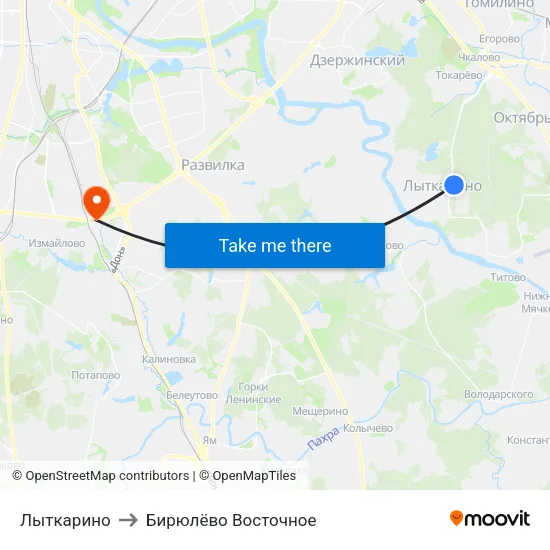 Лыткарино to Бирюлёво Восточное map