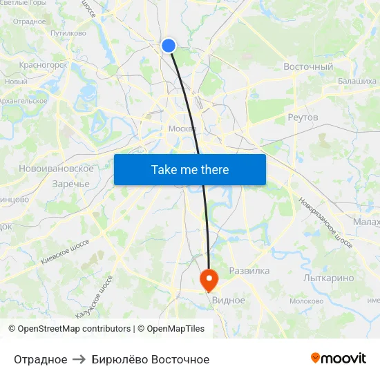 Отрадное to Бирюлёво Восточное map