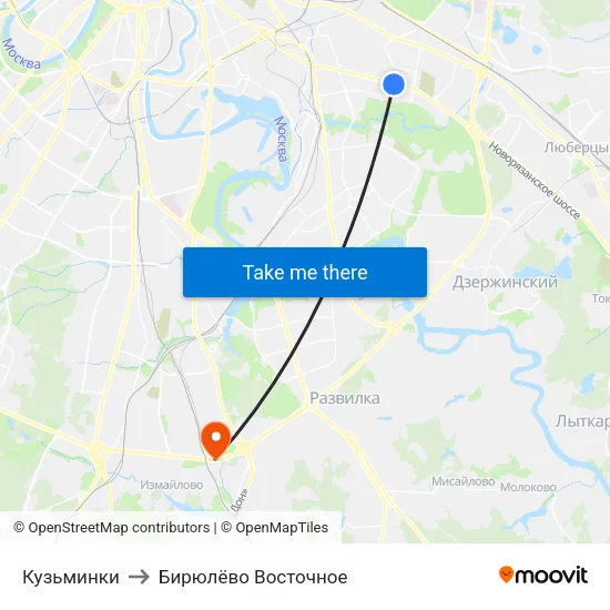 Кузьминки to Бирюлёво Восточное map