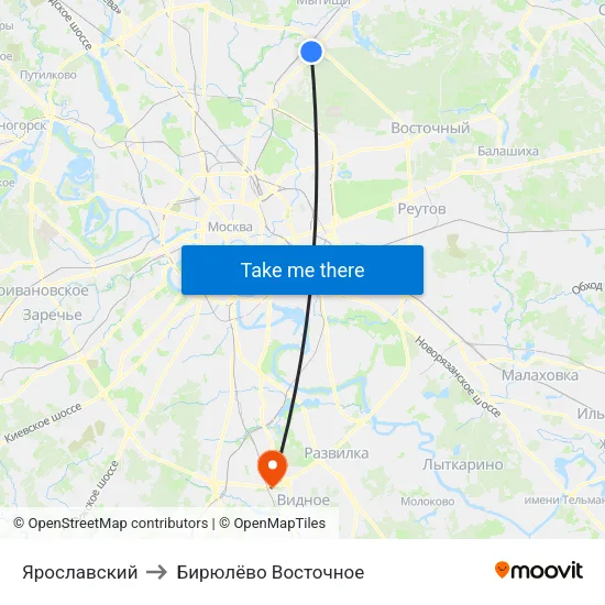 Ярославский to Бирюлёво Восточное map